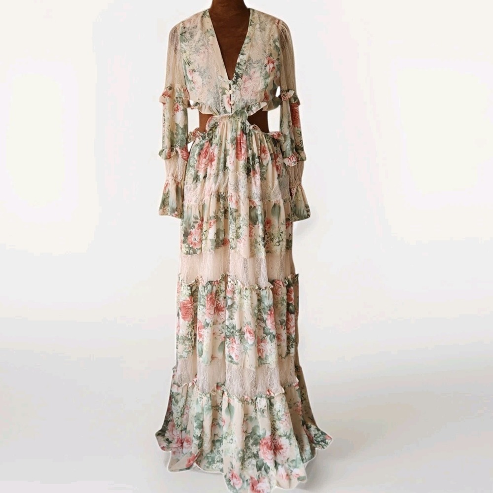 Rosevelvet Dress Lace Floral Ruffle Maxi Romantic Boho Size Small Women's